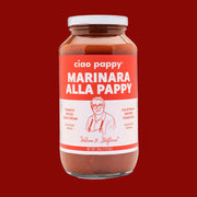 A glass jar of marinara sauce with white text that reads, 'ciao pappy Marinara Alla Pappy'.