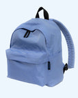 A blue nylon backpack with a side pocket and front zip pockets and black details.