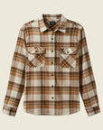 A tan, cream and brown plaid flannel shirt for men.