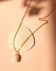 A gold chain necklace with a white spotted shell pendant.