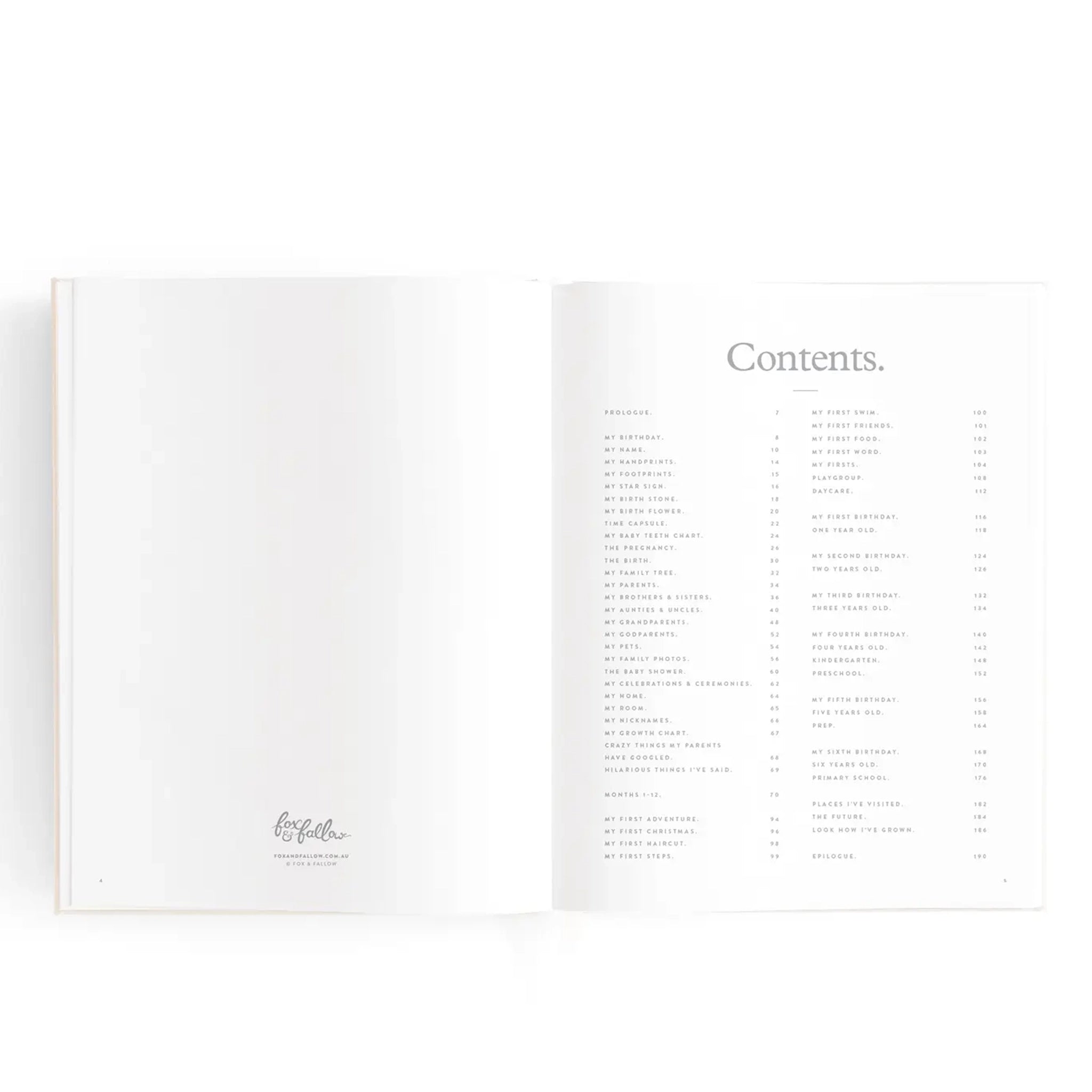 The interior of the book opened to the table of contents page.