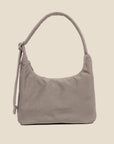A mini beige / grey nylon shoulder handbag with an adjustable strap.