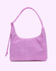 A mini pink nylon handbag with a squared shape and shoulder strap.
