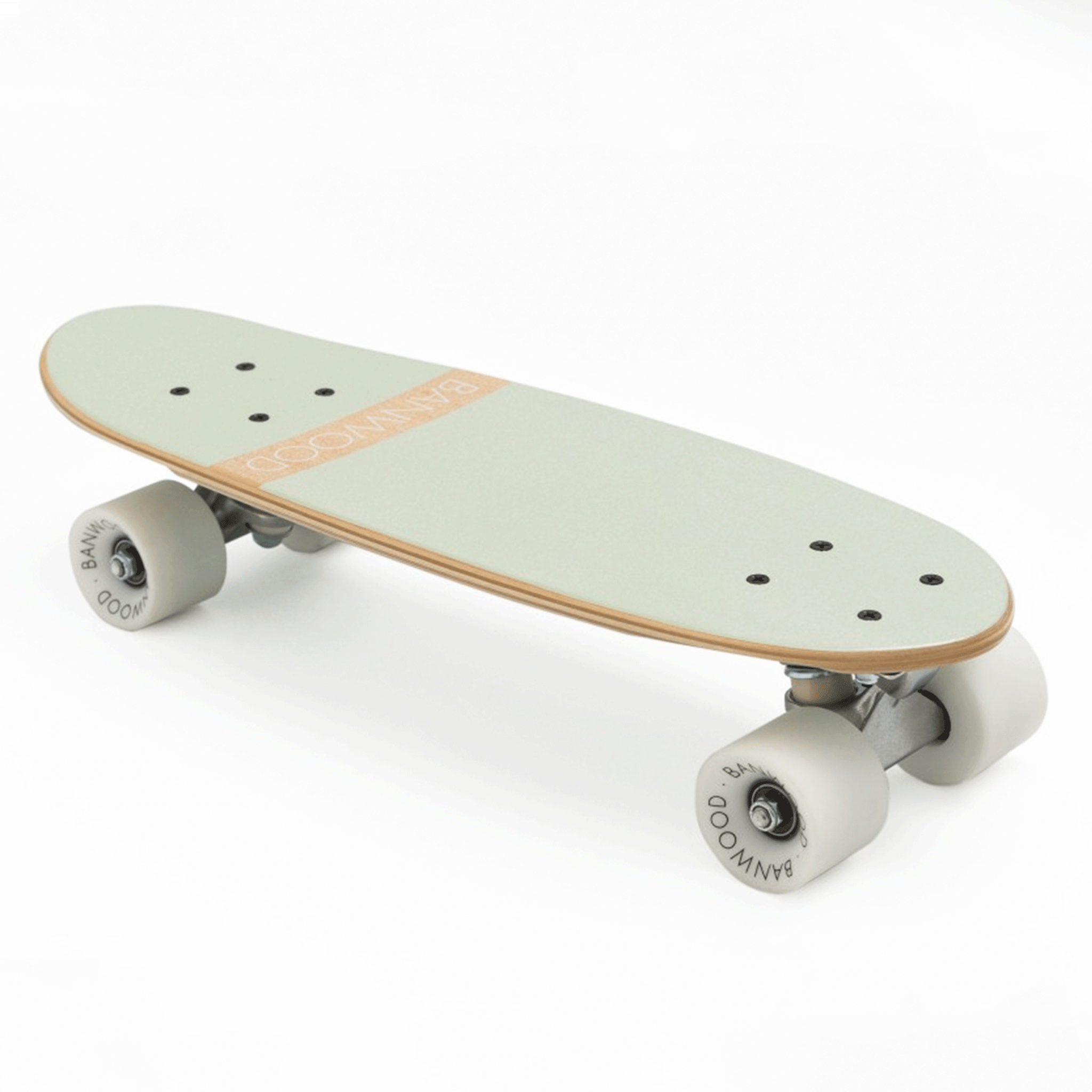 On a white background is a mint colored skateboard with white wheels.