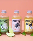 On a pink background is three different cocktail mixes in glass bottles with silver caps.