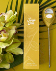 A chartreuse moisture meter with a rounded head and a white meter that ranges from dry, moist, or wet along with a small oval label in the front that reads, "Jungle Club".