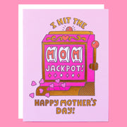 Mother's Day card with slot machine illustration and text on a pink background