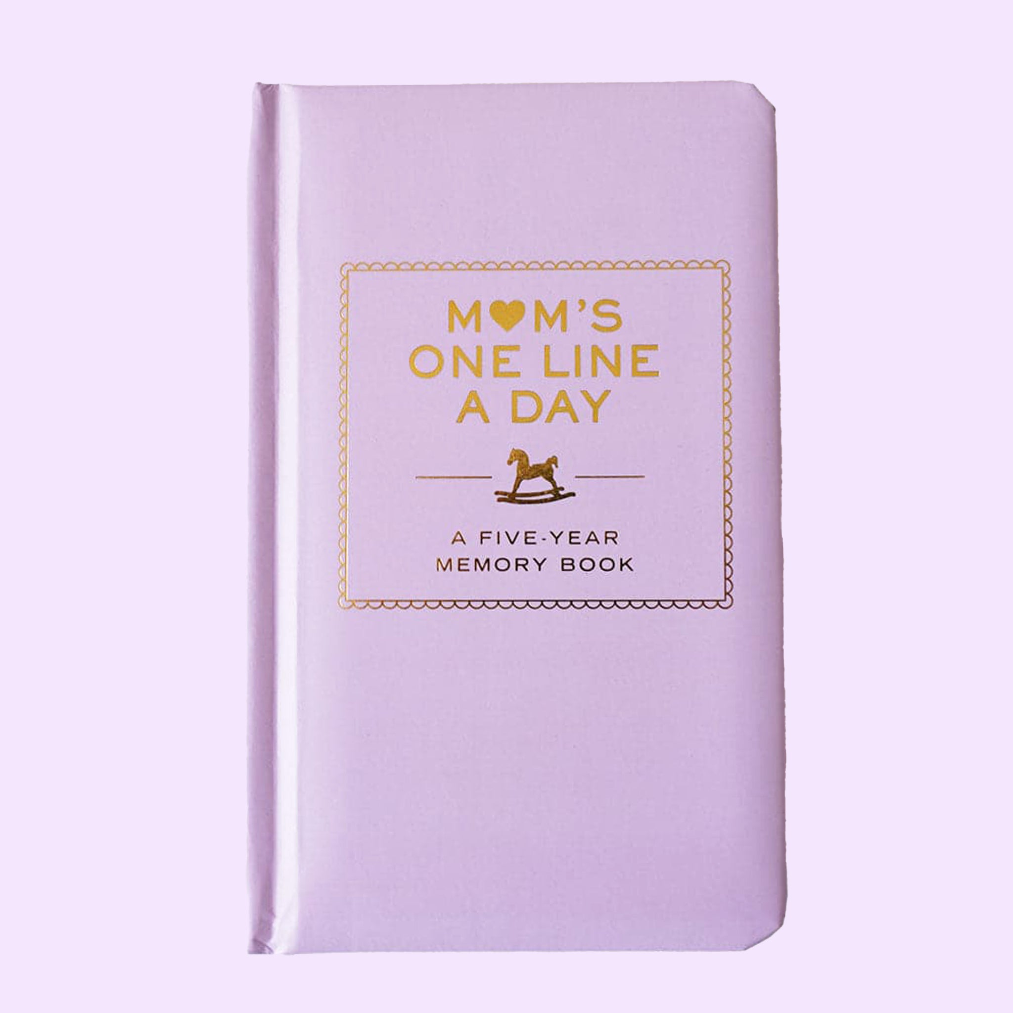 High quality, lavender memory book reading 'Mom's one line a day, a five-year memory book' in gold foil lettering across the padded cover.