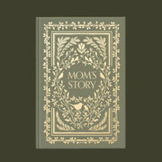 A green journal cover with leafy and bird designs and text that reads, 'Mom's Story'.