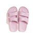 On a white background is a pair of light pink cloud sandals with two straps going across the front. 