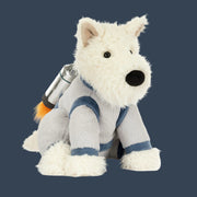 A scottie dog shaped stuffed animal wearing a space outfit with a jetpack.
