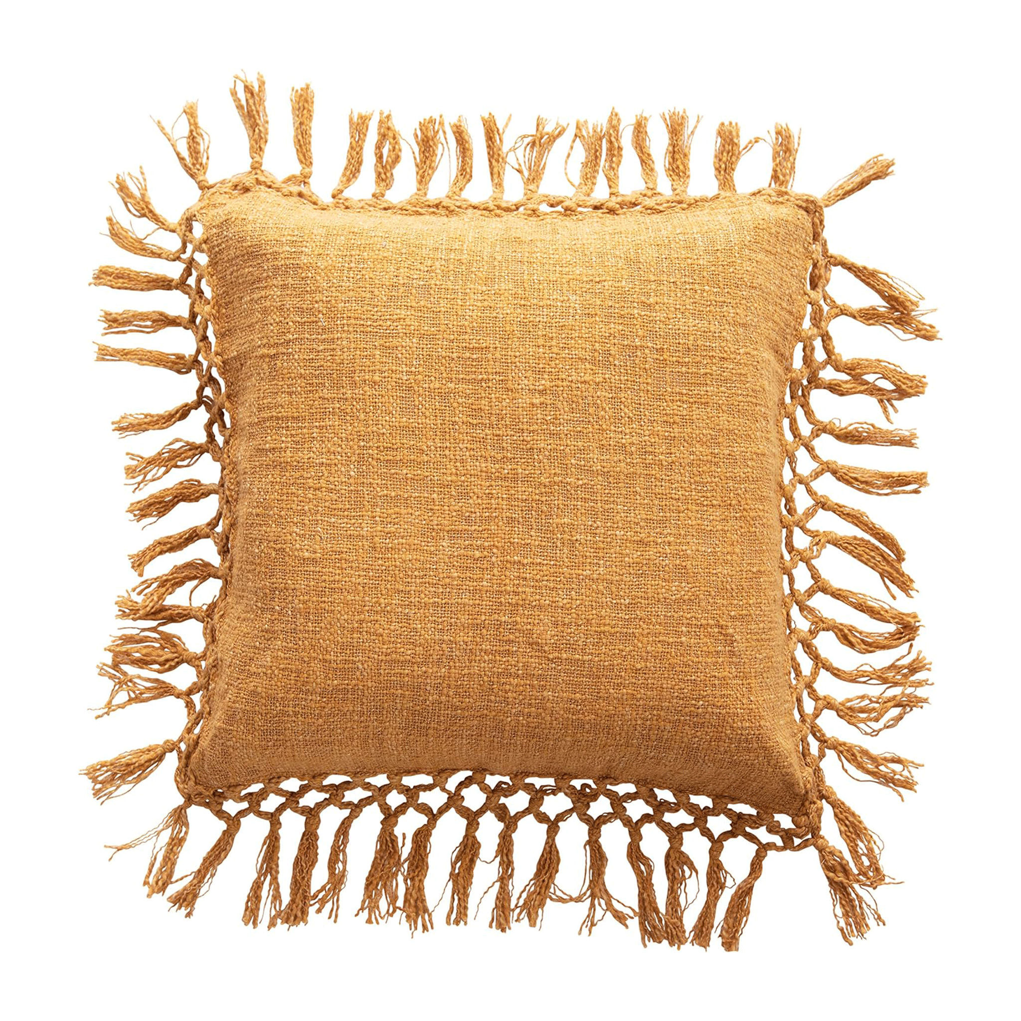 On a white background is a mustard colored cotton accent pillow with fringe around the edges. 