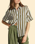 A collared short sleeve button up shirt with white and olive green stripes.