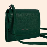 A dark green wallet with a removable crossbody strap.
