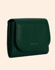 A dark green wallet with a removable crossbody strap.
