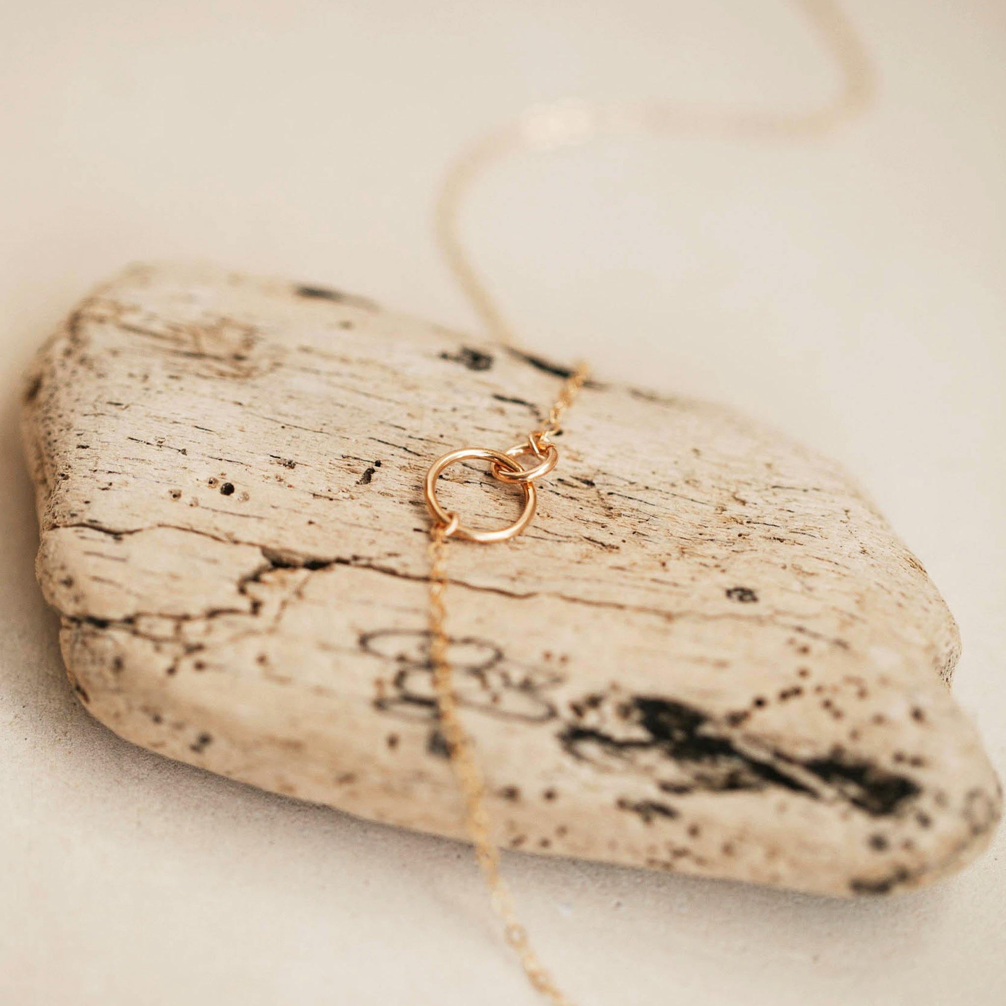 A dainty gold chain necklace with two different sized circle links connecting in the center.