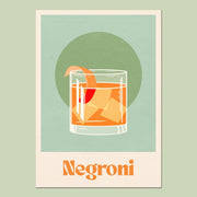 On a teal background is a green art print with an off white border and orange text at the bottom that reads, "Negroni" as well as a graphic of a Negroni cocktail with an orange peel in the center.