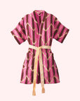 A pink kimono robe with a burnt orange and yellow chevron print.