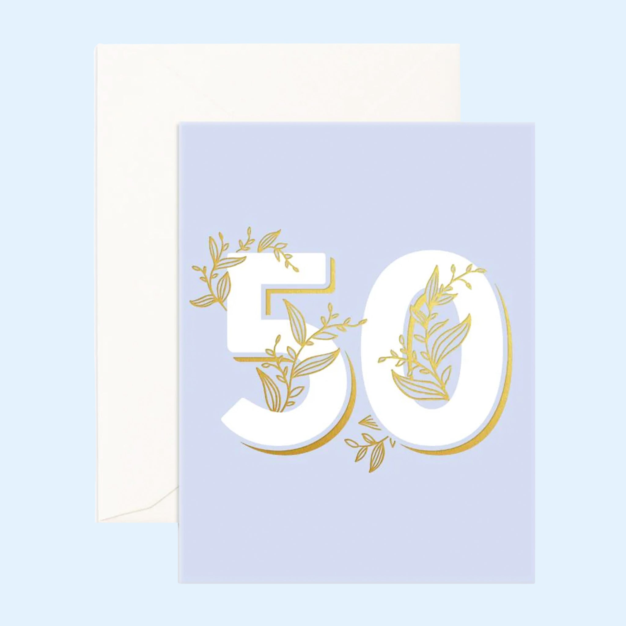 A light blueish purple greeting card with an ivory "50" in the center wrapped with gold foil foliage illustrations. 