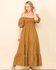 Off Shoulder Smocked Maxi Dress | Camel