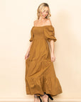 Off Shoulder Smocked Maxi Dress | Camel