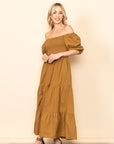 off the shoulder maxi dress in golden brown color