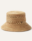 A natural tan straw bucket hat with a woven texture.