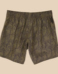 A dark green pair of boardshorts with a palm tree print and black drawstring.