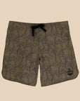 A dark green pair of boardshorts with a palm tree print and black drawstring.