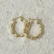 A gold pair of hoop earrings.