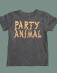A washed black tee with light orange text that reads, 'Party Animal' on the back and a crocodile graphic on the front.