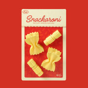 A pack of four pasta shaped bag clips with text at the top that reads, 'Snackaroni Bag Clips'.
