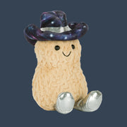 A peanut shaped stuffed toy wearing a cosmic themed cowboy hat.