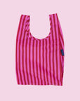 A pink and red striped nylon tote bag.