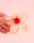 A red flower shaped hair clip.