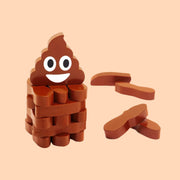 A brown wooden stacking game with a poop emoji shaped top.
