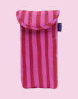 A pink and red striped puffy glasses case.