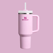 A light pink tumbler with dark pink accents and a straw.