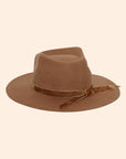 A wood brown hat with a flat brim.