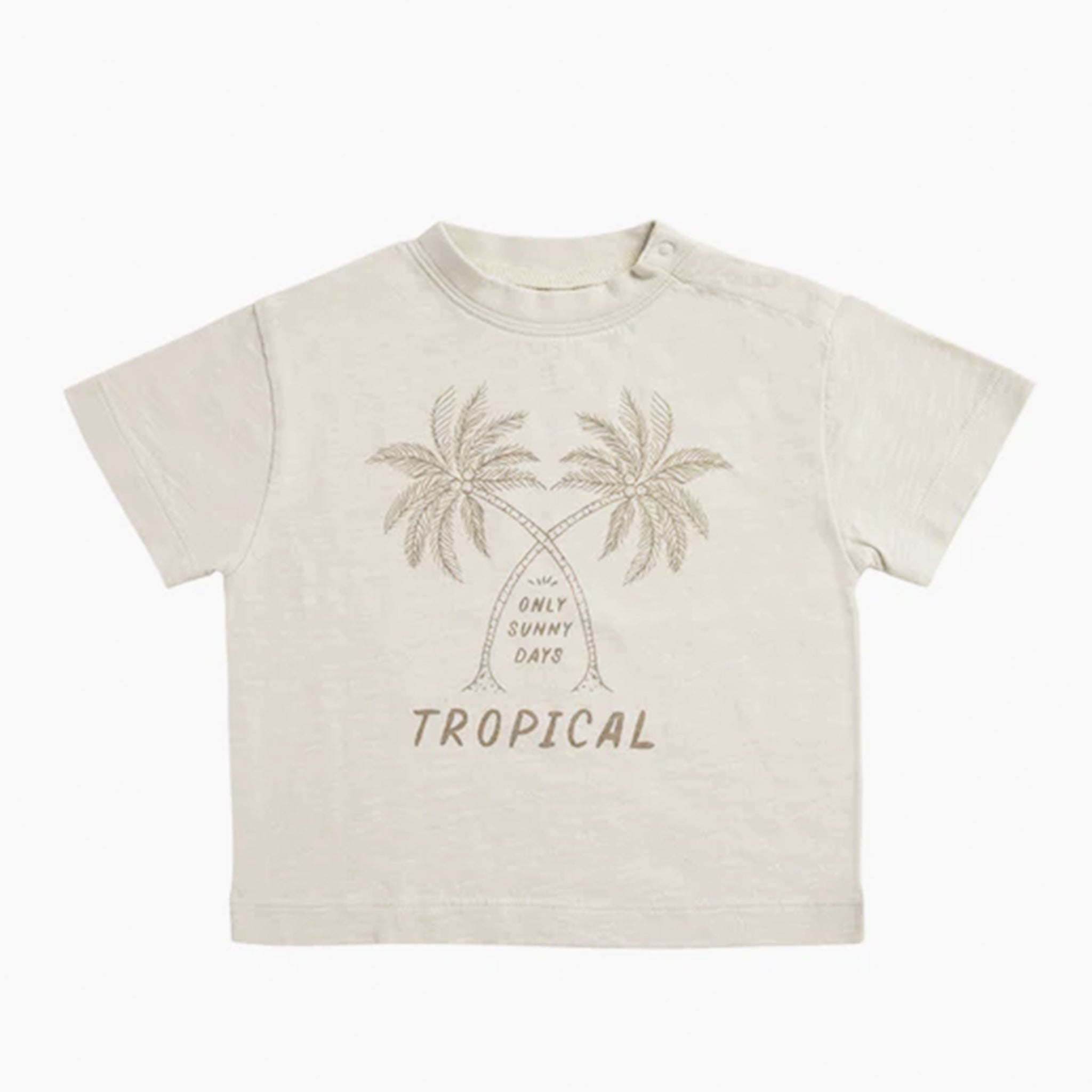 A neutral t-shirt with a palm tree graphic on the front and text in between that reads, &quot;Only Sunny Days Tropical&quot;.