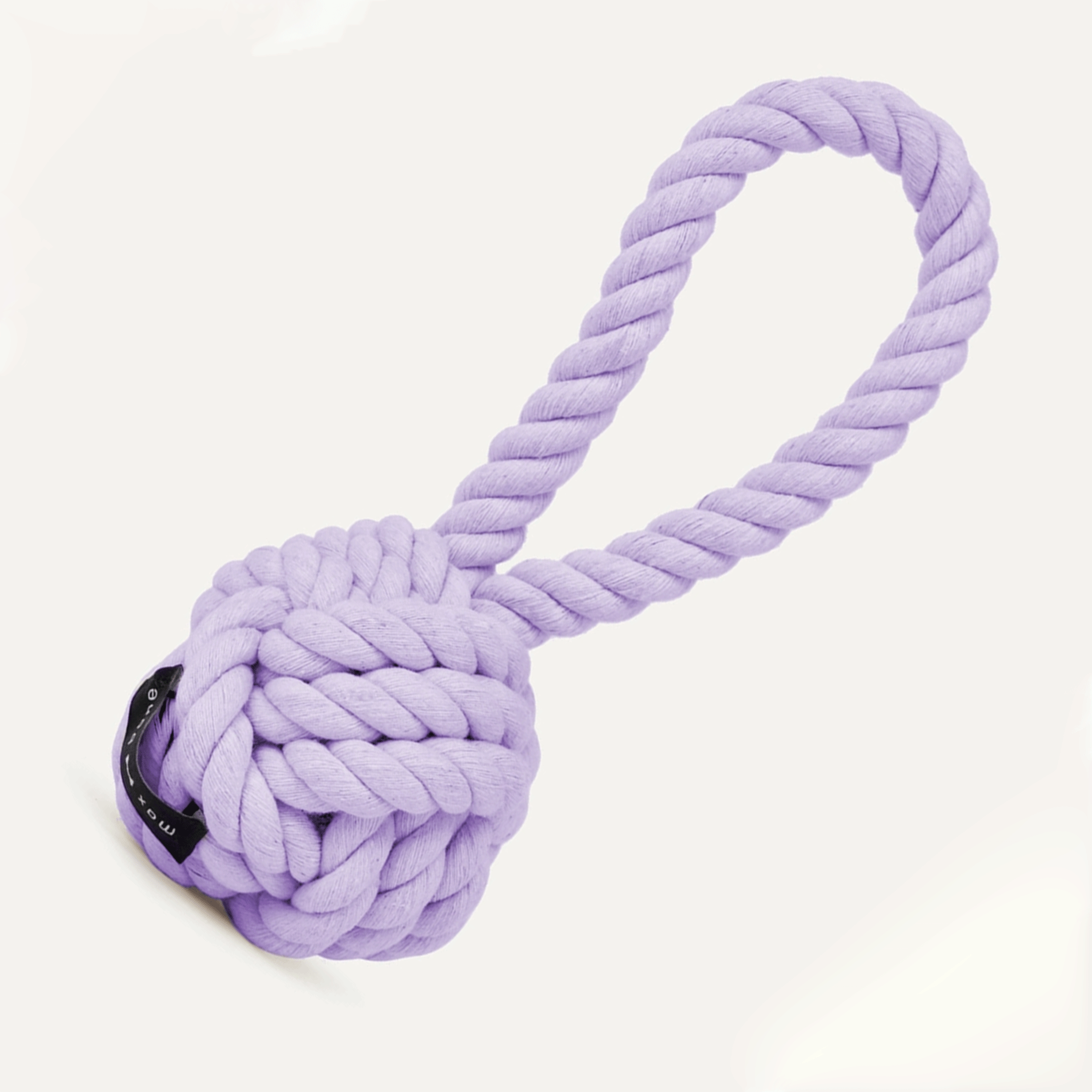On a white background is a rope dog toy in a lavender shade. 