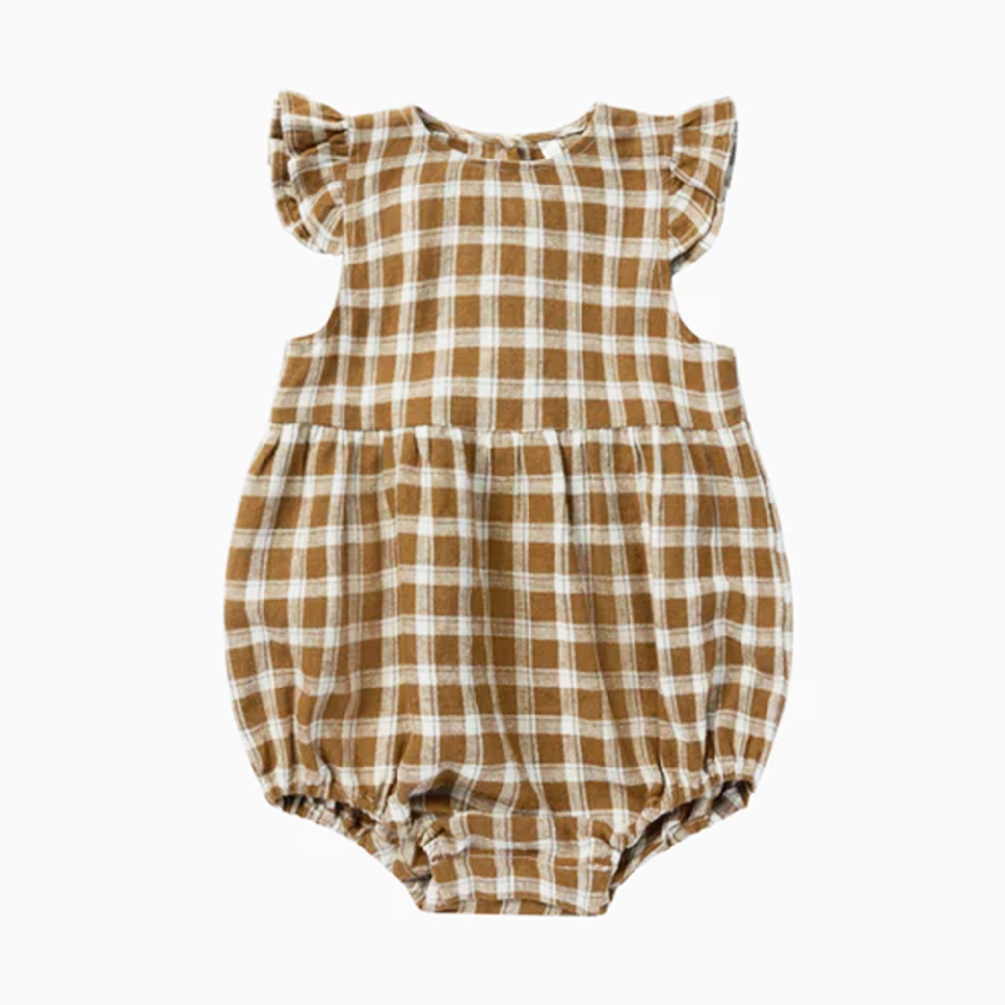 A brown and ivory plaid one piece romper with ruffle detials on the sleeves. Bonnet not included.