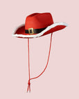 A cowboy hat with a "Santa Hat" design and a neck strap.