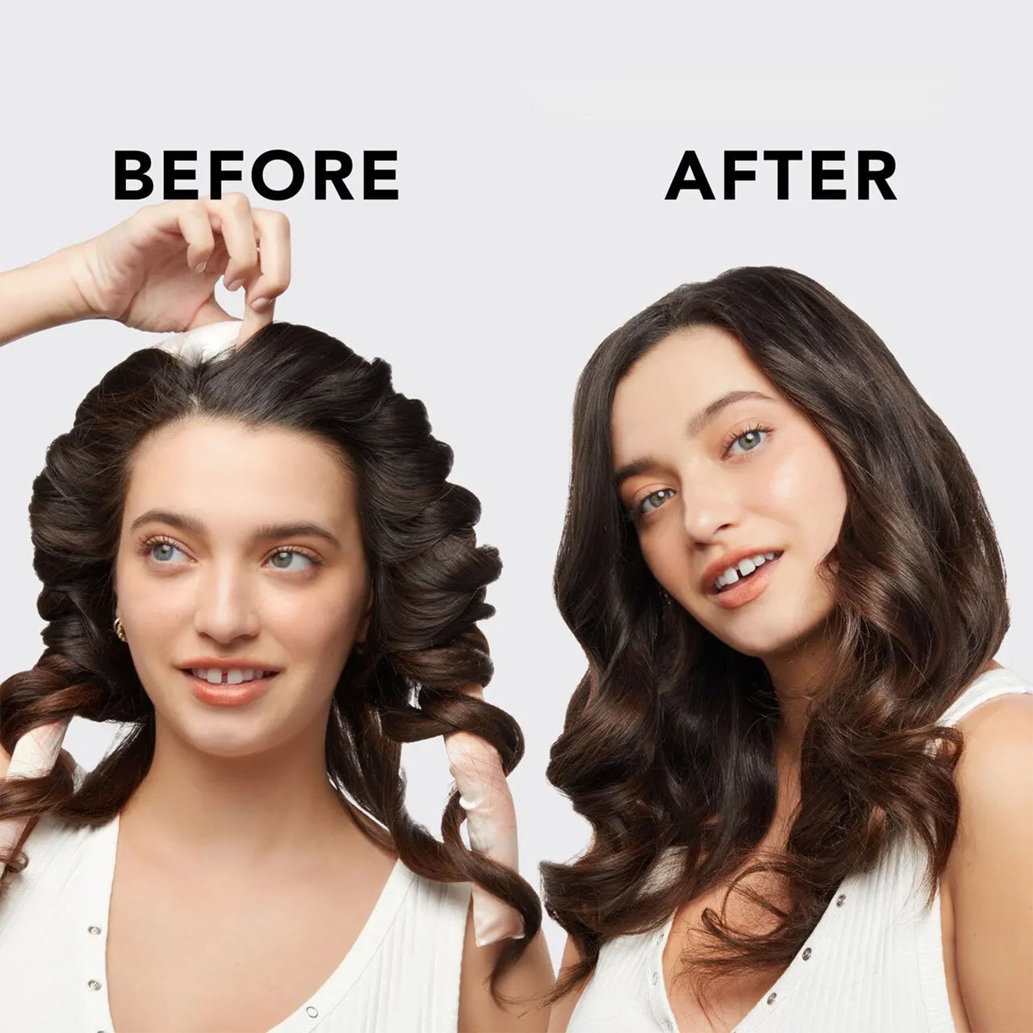 A photo of the before and after results of the satin heatless curling set. 