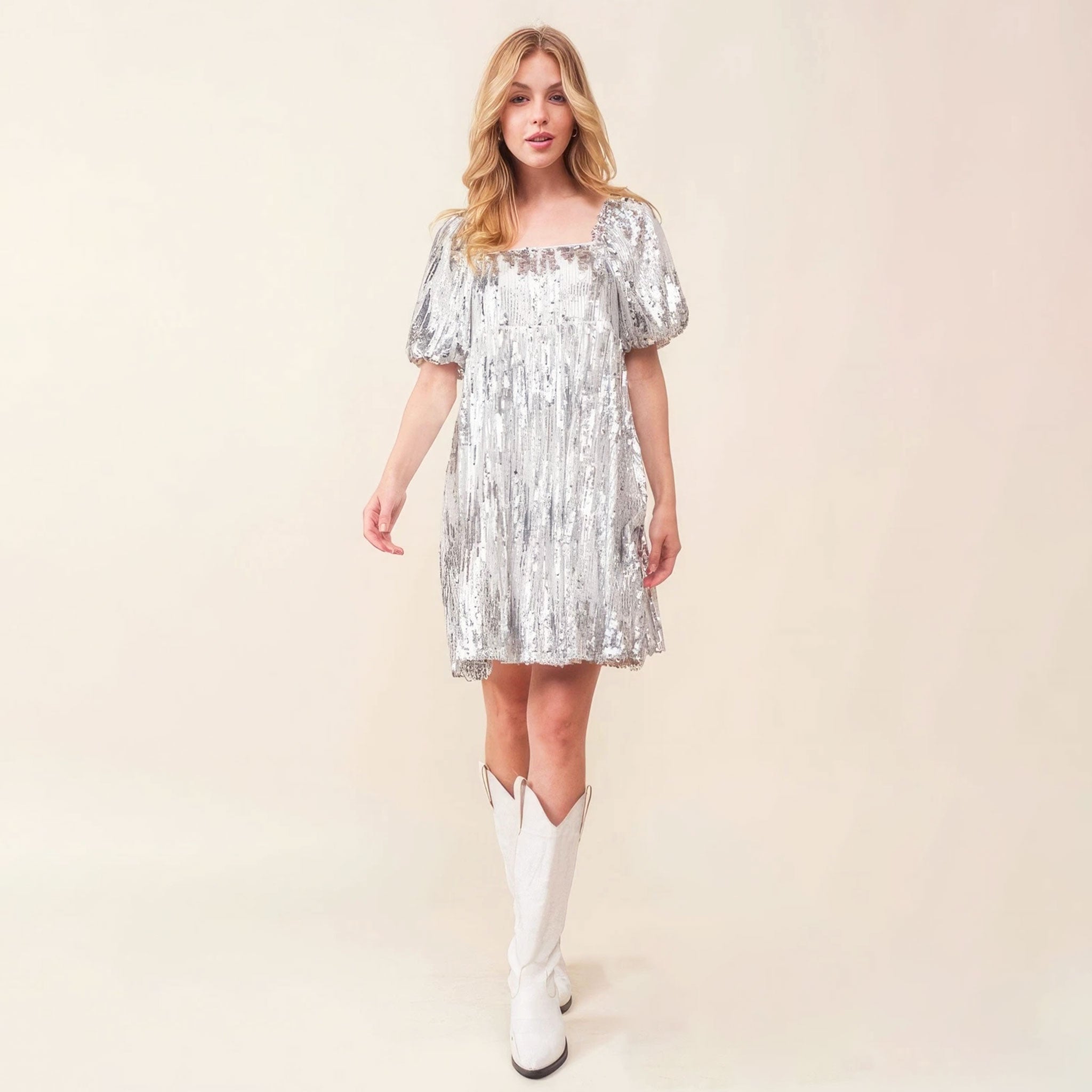 Sequin Babydoll Mini Dress | Silver | Size: S by Pigment Sequin Babydoll Mini Dress | Silver | Size: S by Pigment