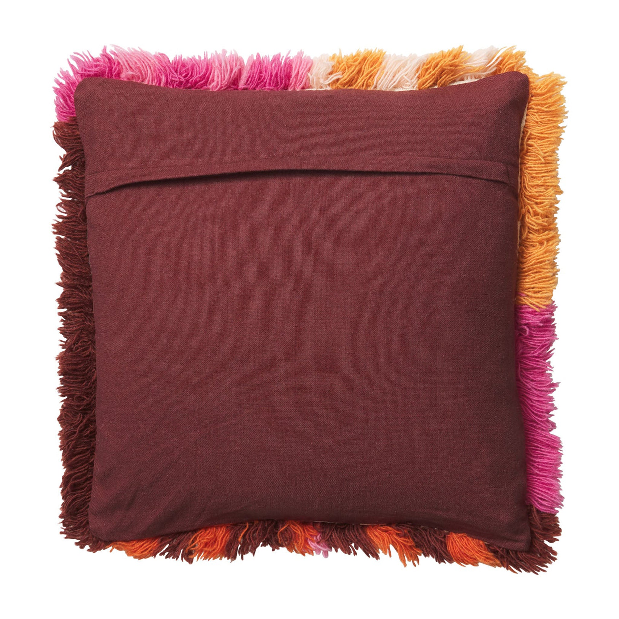The back of the pillow that features a slip for the insert along with a patternless brown colored fabric. 