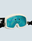A ski goggle shaped stuffed toy with a smiling face and arms.