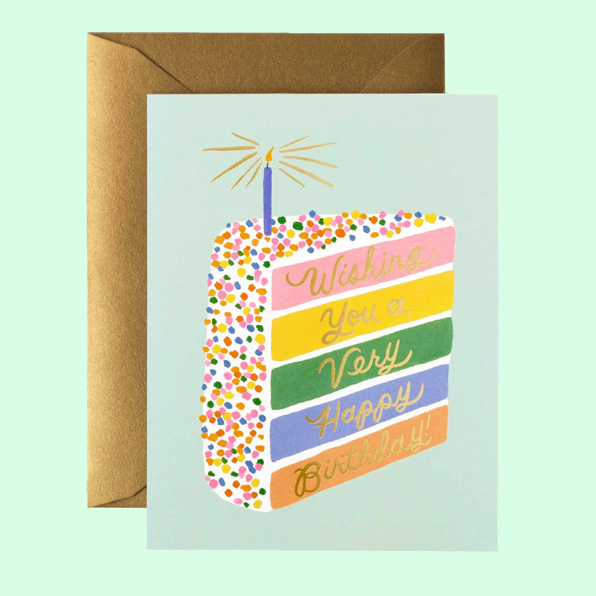 On a light green background is a super light mint card with a multicolored pastel birthday cake slice graphic with multicolored sprinkles on the edge, a sparkling candle and different colors in each layer with words that read, "Wishing You a Very Happy Birthday" in gold letters.