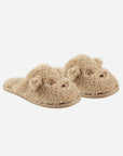 A pair of fuzzy brown slippers with a bear face design on the front.