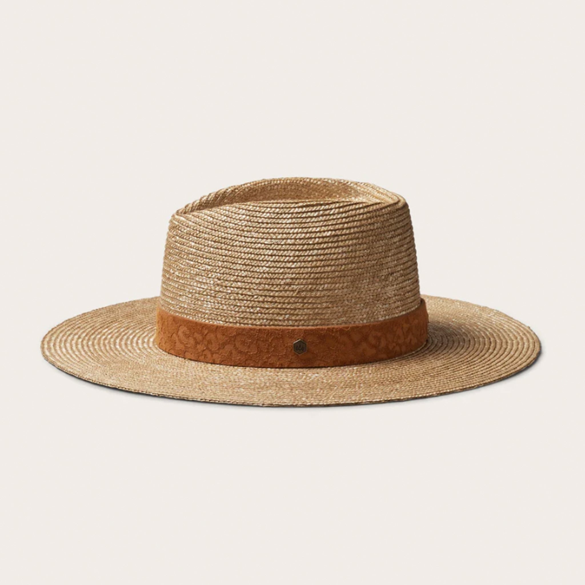 On a white background is a tan woven sun hat with a band around the base of the hat. 